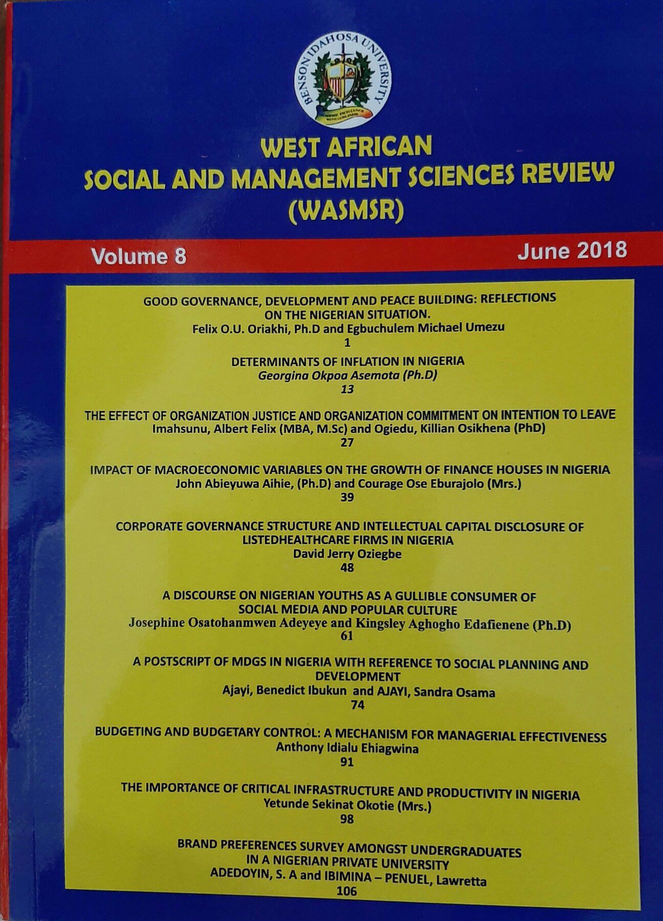 WEST AFRICAN SOCIAL AND MANAGEMENT SCIENCES REVIEW (WASMSR) VOL 8. cover