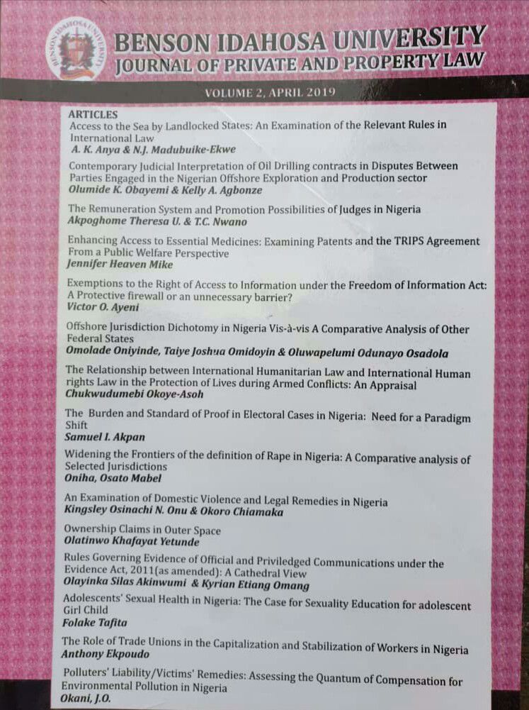 BENSON IDAHOSA UNIVERSITY JOURNAL OF PRIVATE AND PROPERTY LAW (BIUJPPL). VOLUME 2 cover
