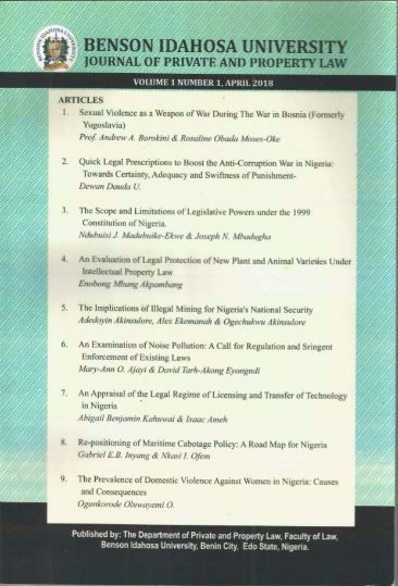 Benson Idahosa University Journal of Private and Property Law (BIUJPPL) Volume 1 no 1. cover